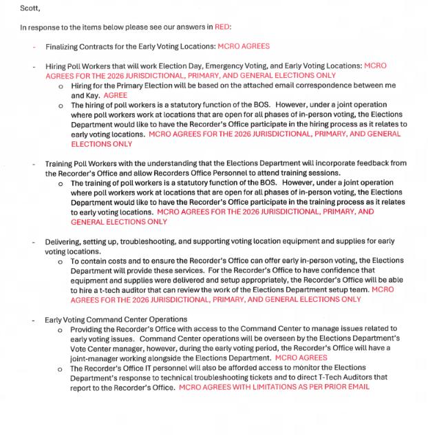 Garrett_Archer's tweet photo. An email where Recorder @azjustinheap chief of staff Sam Stone agrees with a split in responsibilities, followed by a letter from the Recorder saying the only person authorized to agree to these changes is an attorney paid for by the America First Legal Foundation. https://t.co/mXAMiXirW1