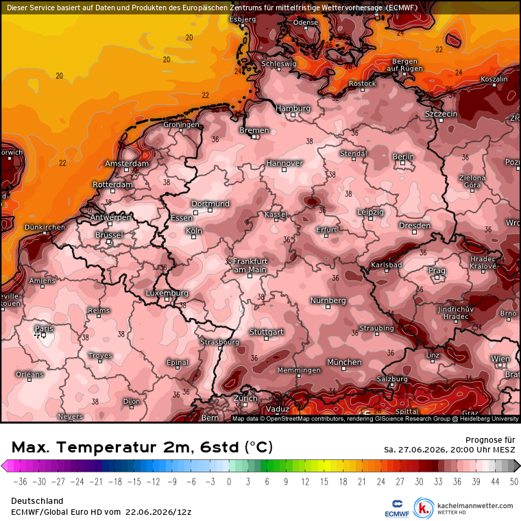 Kachelmannwettr's tweet photo. Zum Wochenende drückt die #Hitze-Blase aus Frankreich nach Deutschland. Hier mal 3 aktuelle Modelle für Samstag, die regional bis um 40 Grad sehen. 

Karten sind alle hier zu finden:
https://t.co/7RX1Mq4P02
/FR https://t.co/pUSywHTTqH
