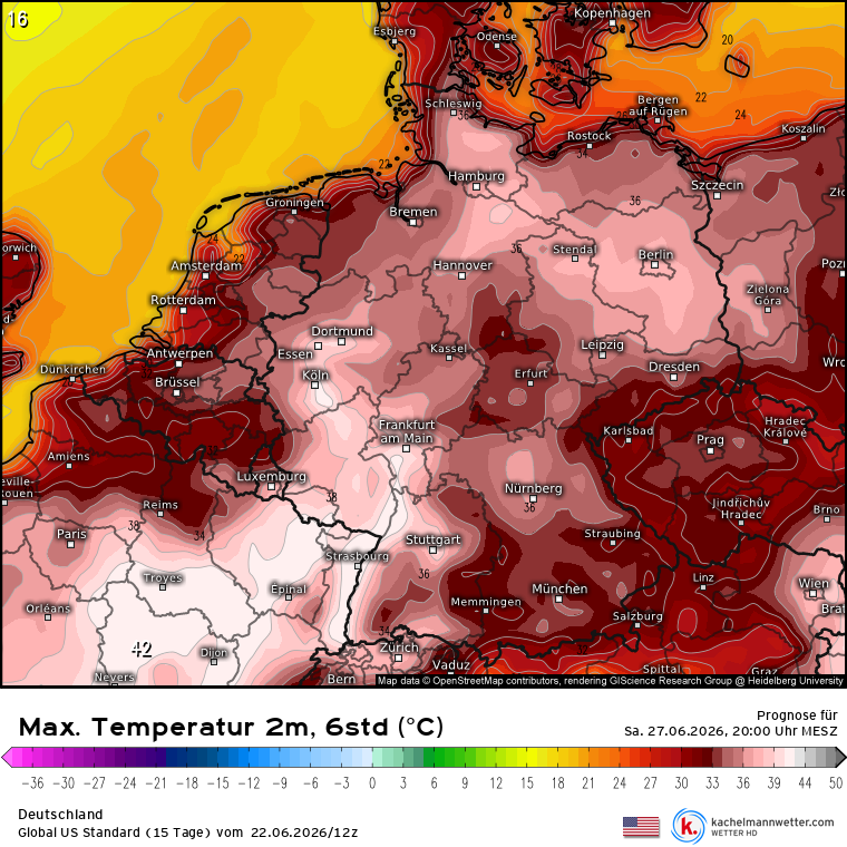 Kachelmannwettr's tweet photo. Zum Wochenende drückt die #Hitze-Blase aus Frankreich nach Deutschland. Hier mal 3 aktuelle Modelle für Samstag, die regional bis um 40 Grad sehen. 

Karten sind alle hier zu finden:
https://t.co/7RX1Mq4P02
/FR https://t.co/pUSywHTTqH