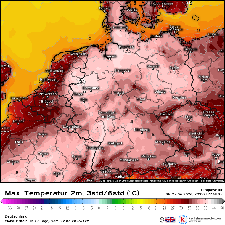 Kachelmannwettr's tweet photo. Zum Wochenende drückt die #Hitze-Blase aus Frankreich nach Deutschland. Hier mal 3 aktuelle Modelle für Samstag, die regional bis um 40 Grad sehen. 

Karten sind alle hier zu finden:
https://t.co/7RX1Mq4P02
/FR https://t.co/pUSywHTTqH