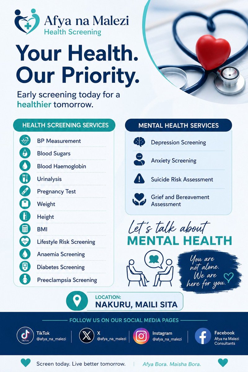 afya_na_malezi's tweet photo. Early screening still remains the cheapest way to prevent diseases. Get screened and know your health status. https://t.co/qPxbdUA4YQ