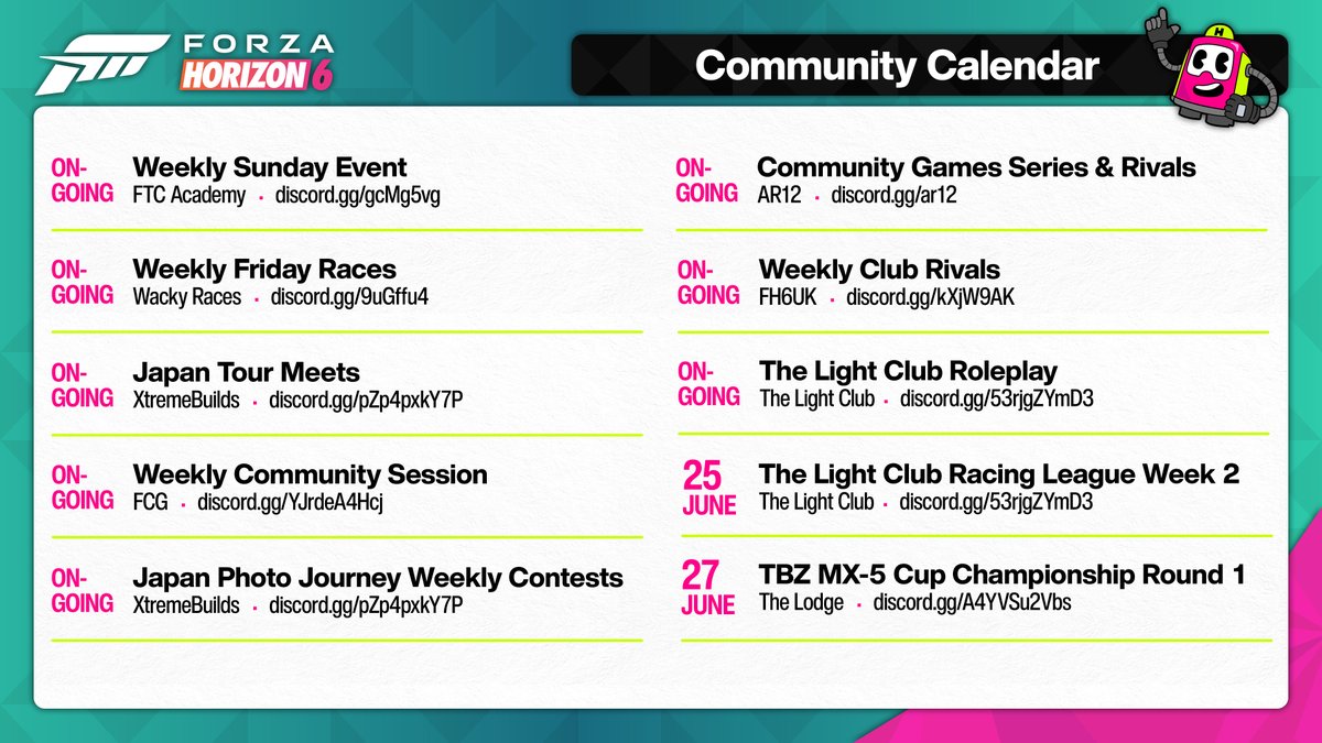 Community calendar for Forza Horizon 6 with scheduled events. The events include Weekly Sunday Event, Weekly Friday Races, Japan Tour Meets, and others from various hosts like FTC Academy, XtremeBulls, and The Light Club. Dates and Discord links are listed for each event.
