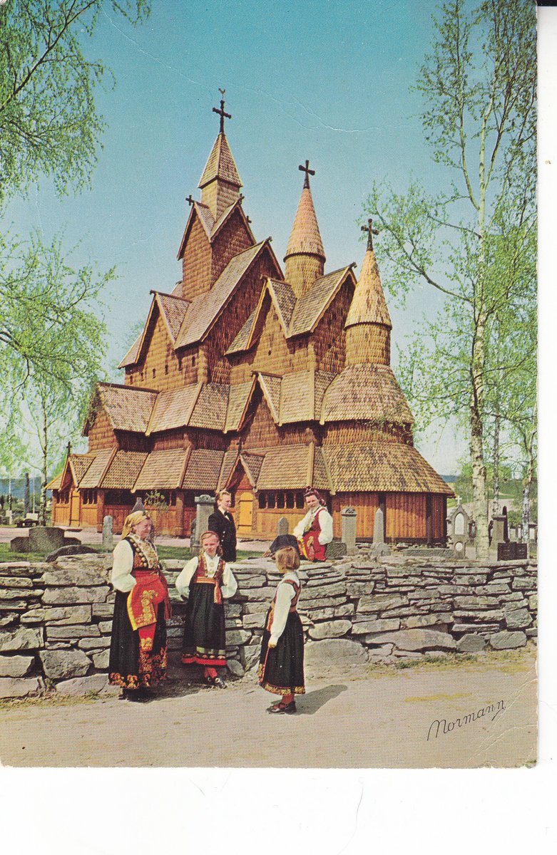 MarjeMolder's tweet photo. Today's #PostMarkMonday is on a #vintage #PostCard sent from #Norway 59 years ago in 1967 It features traditional #Telemark costumes being worn in front of Norway's oldest #Stave (wooden) #Church which was built in 1250 #deltiology #philately #stamps #Europe #tourism #historical https://t.co/h7VVrWK7rw