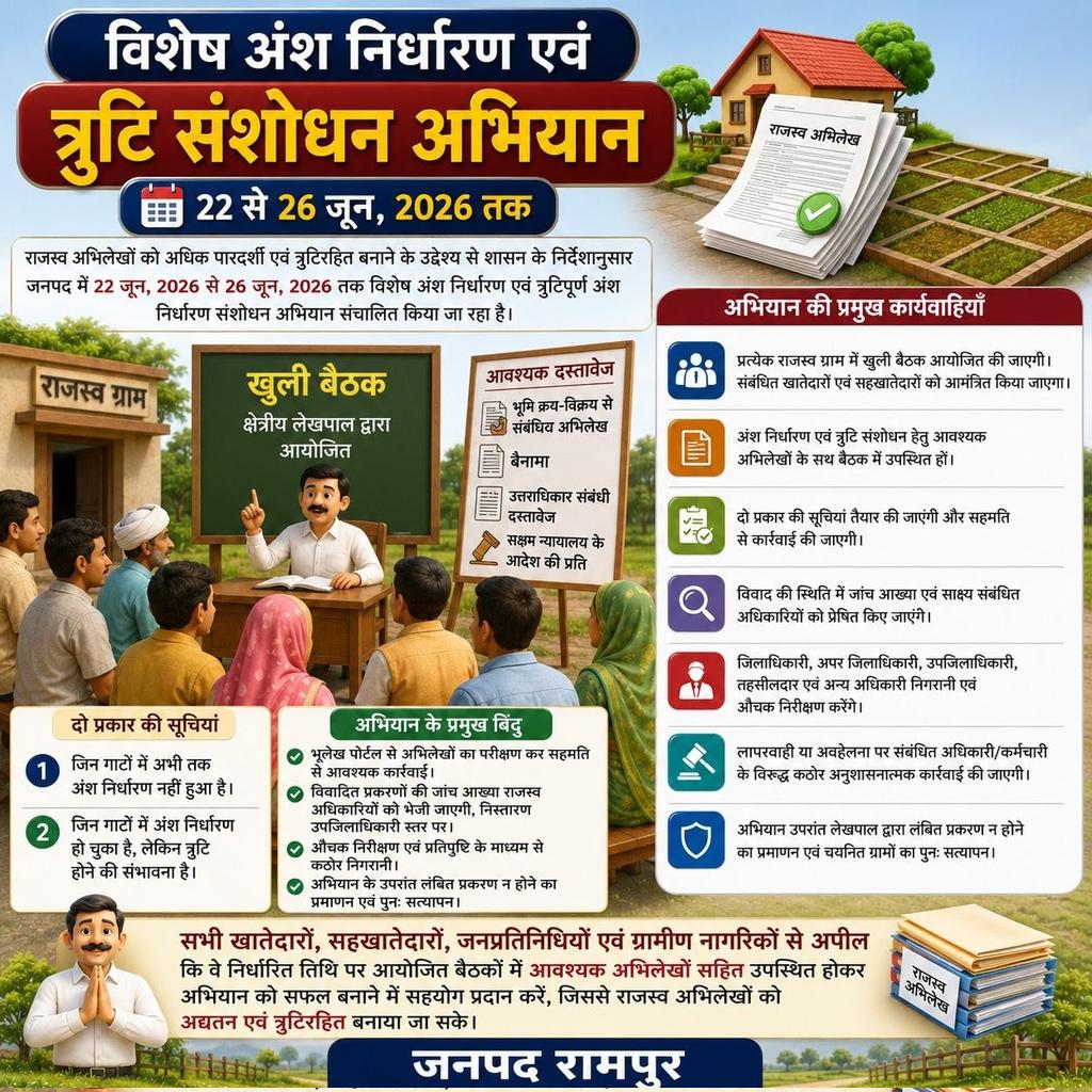 RampurDm's tweet photo. 22 से 26 जून तक चलेगा विशेष अंश निर्धारण एवं त्रुटि संशोधन अभियान‼️
राजस्व अभिलेखों को अधिक पारदर्शी एवं त्रुटिरहित बनाने के उद्देश्य से शासन के निर्देशानुसार जनपद में 22 जून, 2026 से 26 जून, 2026 तक विशेष अंश निर्धारण एवं त्रुटिपूर्ण अंश निर्धारण संशोधन अभियान संचालित किया जा रहा है। 
अभियान के अंतर्गत उन सभी खातेदारों एवं सहखातेदारों के गाटों में अंश निर्धारण की कार्यवाही पूर्ण की जाएगी, जिनमें अब तक अंश निर्धारित नहीं हुआ है। 
साथ ही पूर्व में किए गए त्रुटिपूर्ण अंश निर्धारण के संशोधन की कार्रवाई भी की जाएगी। 
सभी खातेदारों, सहखातेदारों, जनप्रतिनिधियों एवं ग्रामीण नागरिकों से अपील कि वे निर्धारित तिथि पर आयोजित बैठकों में आवश्यक अभिलेखों सहित उपस्थित होकर अभियान को सफल बनाने में सहयोग प्रदान करें, जिससे राजस्व अभिलेखों को अद्यतन एवं त्रुटिरहित बनाया जा सके।