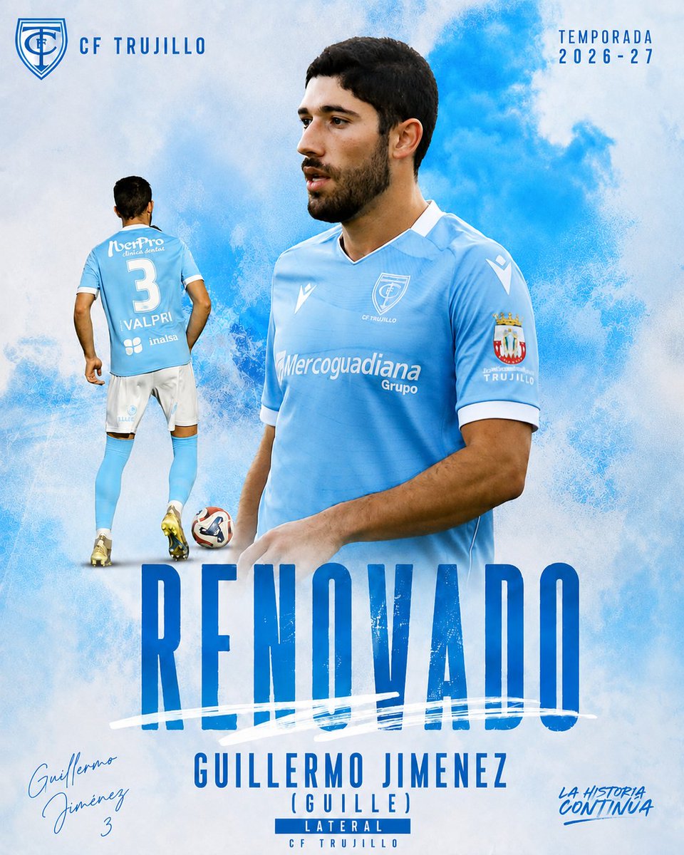 Trujillo_CF's tweet photo. 🚨 𝗥𝗘𝗡𝗢𝗩𝗔𝗖𝗜Ó𝗡 🚨

✅ OFICIAL | Guillermo Jiménez "Guille" renueva con el C.F. Trujillo para la temporada 2026/27. Será su segunda temporada.

🛡️ Compromiso, disciplina y competitividad para nuestro lateral izquierdo.

💪 Indispensable para el equipo.

🩵 ¡AÚPA TRUJILLO! https://t.co/DNeVcM2ebx