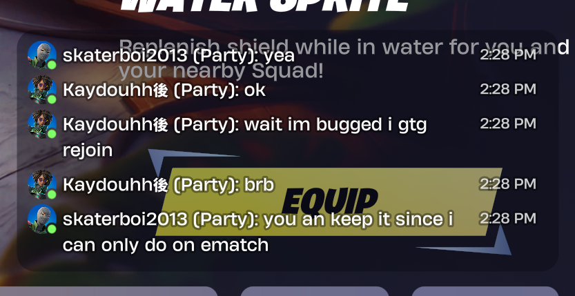 Kaydouhh's tweet photo. @FortniteStatus @Fortnite  I was trying to equip a sprite but the chat is blocking the button. can u fix? https://t.co/1uq23RBxFZ