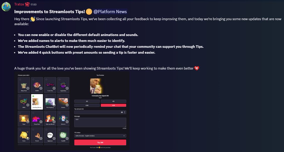 streamloots's tweet photo. 📣 We've added some improvements to Streamloots Tips

👇👇👇 https://t.co/tfeNauiIGm