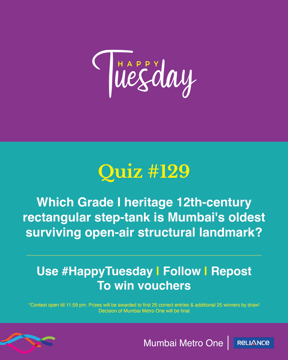 MumbaiMetro01's tweet photo. #HappyTuesday quiz is here! 

The 129th edition is about a man-made temple stepwell built in 1127 AD under the Silhara Dynasty. 

Prizes will be awarded to 50 winners, the first 25 correct entries, and an additional 25 winners by draw.

Follow, Repost and Use #HappyTuesday (all mandatory) to win. 

#ContestAlert #Giveaways #Voucher #MumbaiMetro