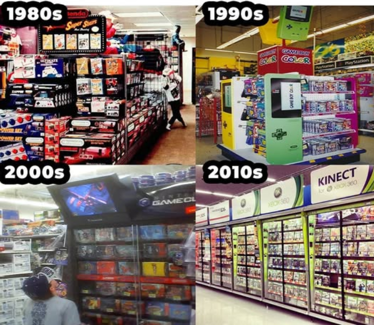 VideoGameHstry's tweet photo. The video game aisle over the decades https://t.co/N0mUdtvBMy