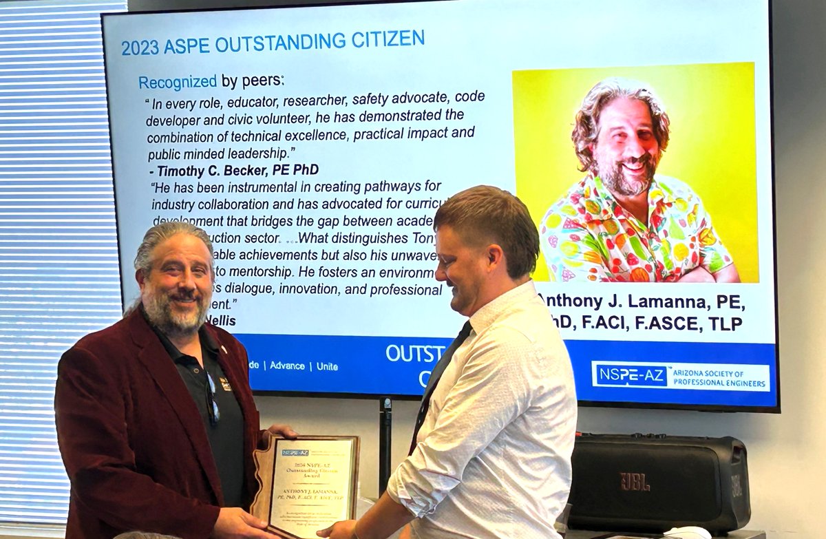 SSEBEatASU's tweet photo. 🎉 Congratulations to @ASUEngineering Prof. Kristen Ward, who was honored with @NSPE_Arizona's Engineering #Education Excellence #Award, and @ASUDEWSC @pentabldggroup Prof. Tony Lamanna recognized as Outstanding #Citizen. 🏆 #ASUEngineering #SSEBE #DEWSC #Students #Careers https://t.co/BvA3zEYW1q