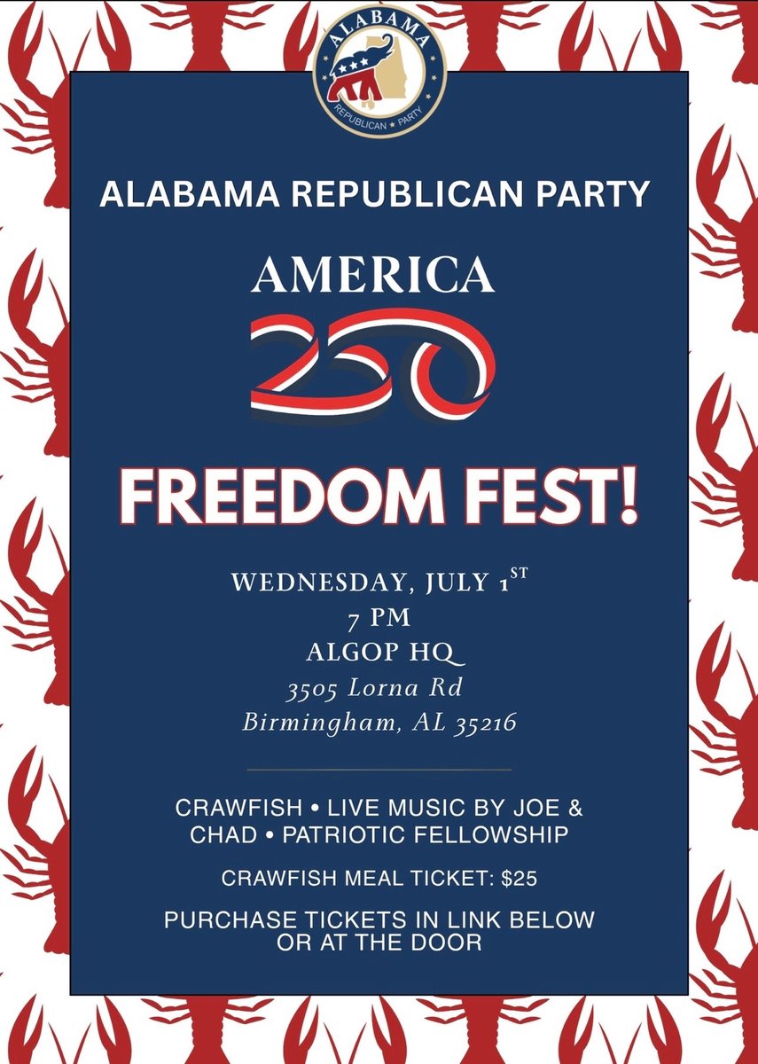 MIDALGOP's tweet photo. Mark your calendar to celebrate 250 years of freedom with the Alabama Republican Party and Mid-Alabama Republican Club. https://t.co/l2egSOR46b