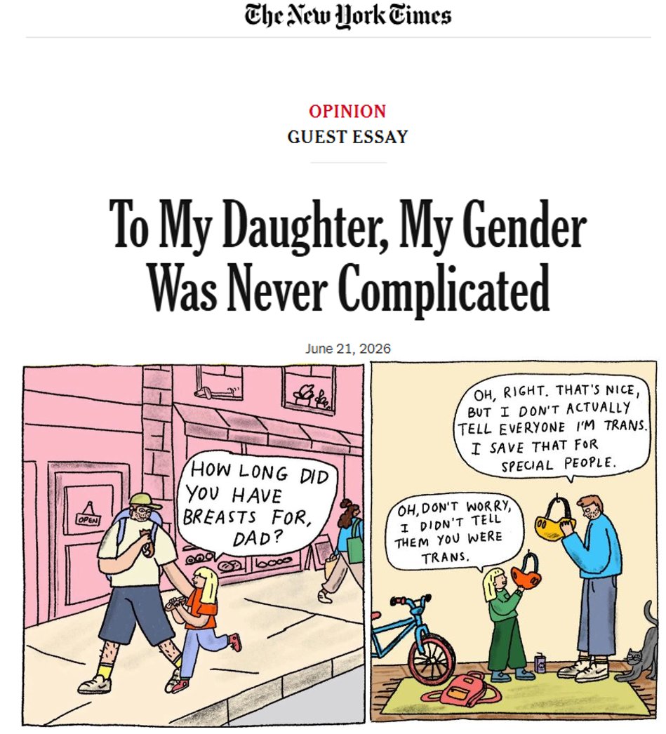 AI_EmeraldApple's tweet photo. They can't help it, can they?

They gotta inject trans ideology everywhere, even on Father's Day... and the "comic" is framing the conversation towards grooming the daughter into the trans world with talks of sexuality to an obvious child. This is where the "protect trans kids" grooming starts.

It is disgusting that attempts are made not only to normalize this weirdness, but also the child abuse of sexual grooming of a minor... especially when it all too often escalates towards actual child exploitation. 

Developmentally, children don't understand abstract gender-identity concepts, and exposing them to it can lead to mental illness at best, and at worst... well... we all know what happens there.

also... can't hate the media enough, can we?