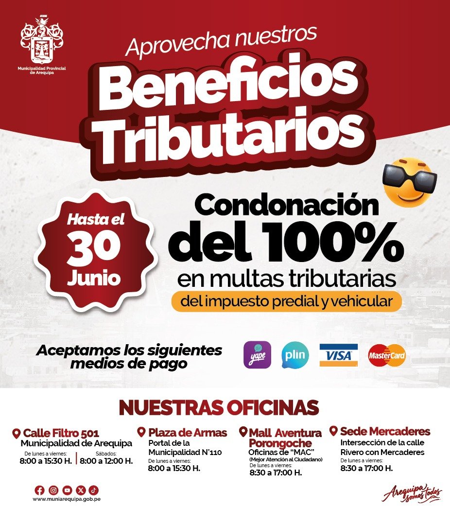 AqpInforma's tweet photo. #ArequipaSomosTodos | 💰🏠 ¡Es el momento de ponerte al día con tus tributos! 🚗✨

La Municipalidad Provincial de Arequipa te brinda la oportunidad de acceder a la condonación del 100% de multas tributarias del impuesto predial y vehicular. https://t.co/gi6oUaKG79