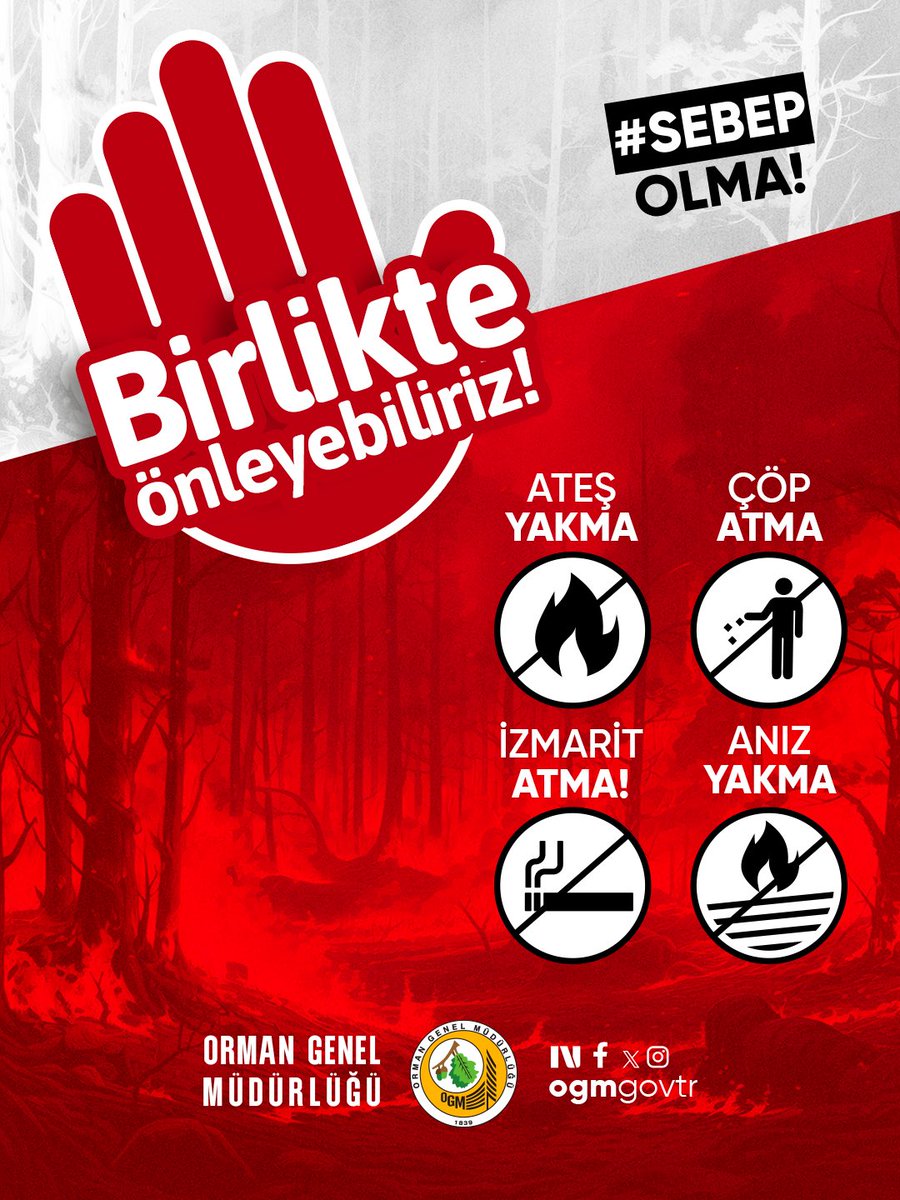 OGMgovtr's tweet photo. ‼️ Yüksek sıcaklık, kuvvetli rüzgar ve düşük nemin yangın riskini artırdığı bu günlerde en büyük gücümüz: “Dikkat ve Tedbir.”

🚫 Ormanlarımızda ateş yakmayalım, çöplerimizi geride bırakarak #YeşilVatan’ımızı riske atmayalım. #BirlikteÖnleyebiliriz #SebepOlma https://t.co/Vy5v3Fctkv