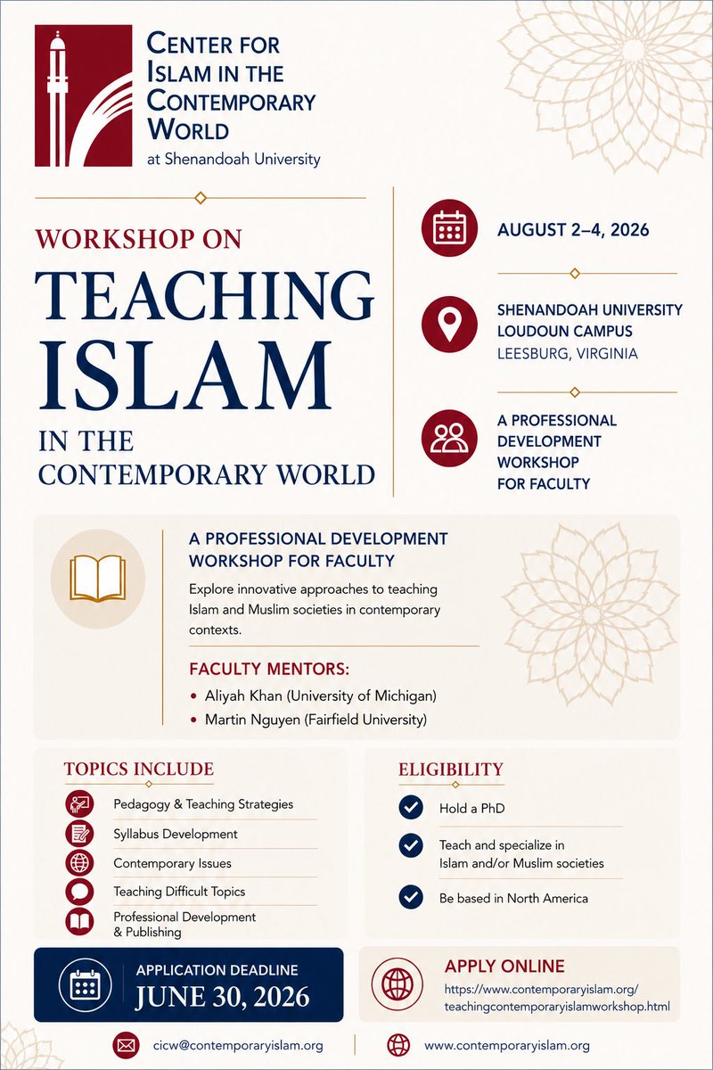 CICWatSU's tweet photo. Now accepting applications for the Teaching Contemporary Islam Workshop 2026! 

Application Deadline: June 30th

Learn more and apply here: https://t.co/4lDi06pXsP https://t.co/kk3ZJs0kr5