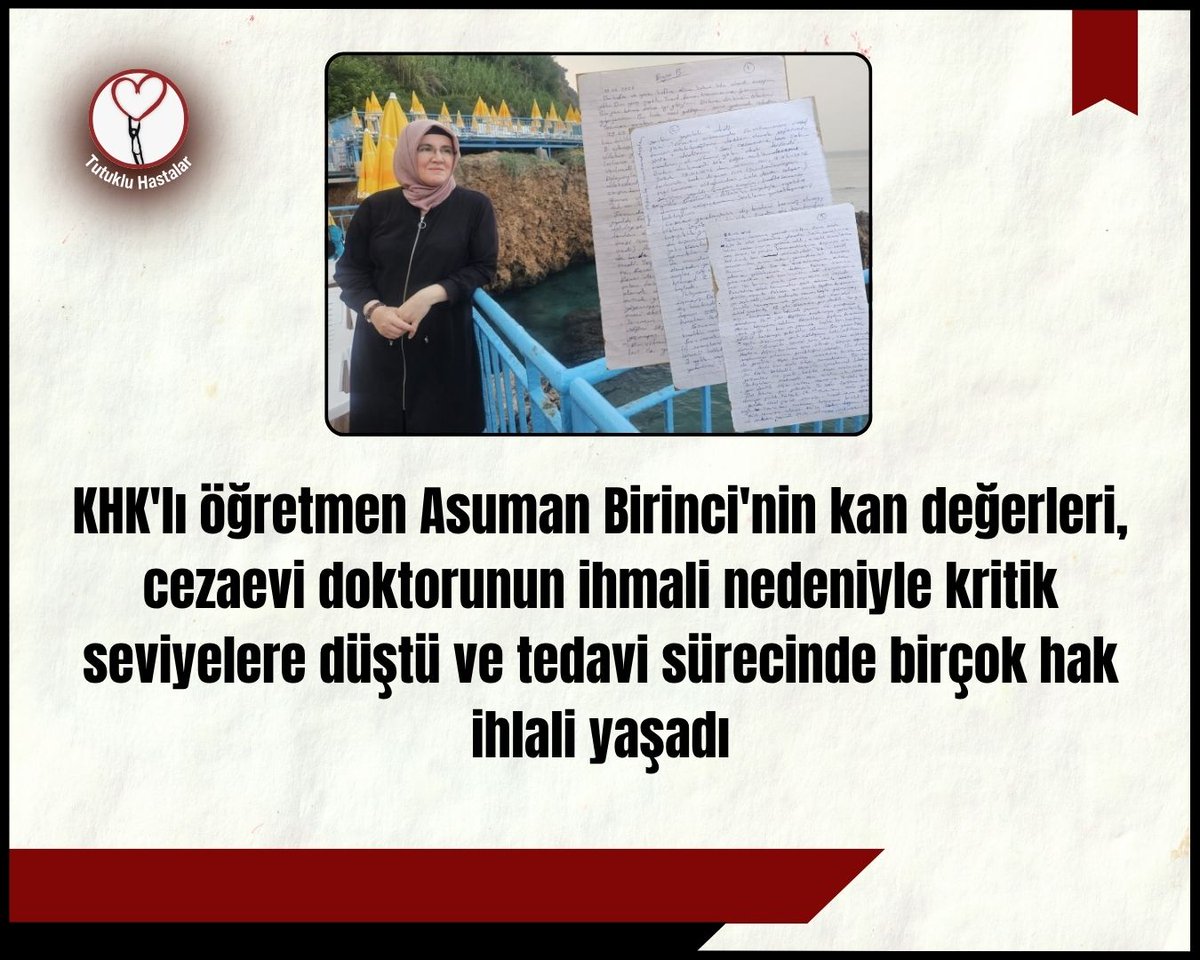 HNur_520's tweet photo. Asuman Birinci,22 aydır Antalya Cezaevi’nde ciddi sağlık sorunları var.
Eşinin açıklamasına göre kan değerleri kritik seviyede. Gecikmeden gerekli tedavinin sağlanması ve sağlık hakkının korunması gerekiyor
@cemre_birand2

#KHKlaraSon
DenklikMasada ÇözümMecliste
Yeşil Vatan Messi https://t.co/wxzGaiJpqJ
