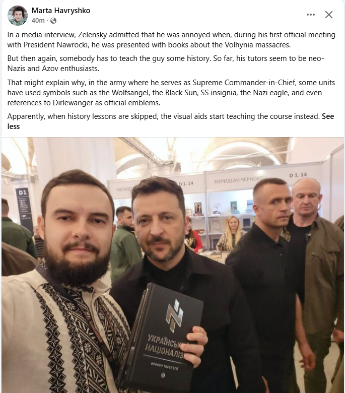 LBirkelund's tweet photo. Blank som han var i historie da han ble president måtte Zelensky skaffe noen som kunne lære ham noe. Ukrainske Marta Havryshko:

«Så langt virker veilederne hans å være nynazister og Azov-entusiaster. Det kan forklare hvorfor noen enheter i hæren hvor han tjener som øverstkommanderende, har brukt symboler som Wolfsangel, Black Sun, SS-emblemer, naziørnen og til og med referanser til Dirlewanger som offisielle emblemer». https://t.co/iQ6kKGrY8H