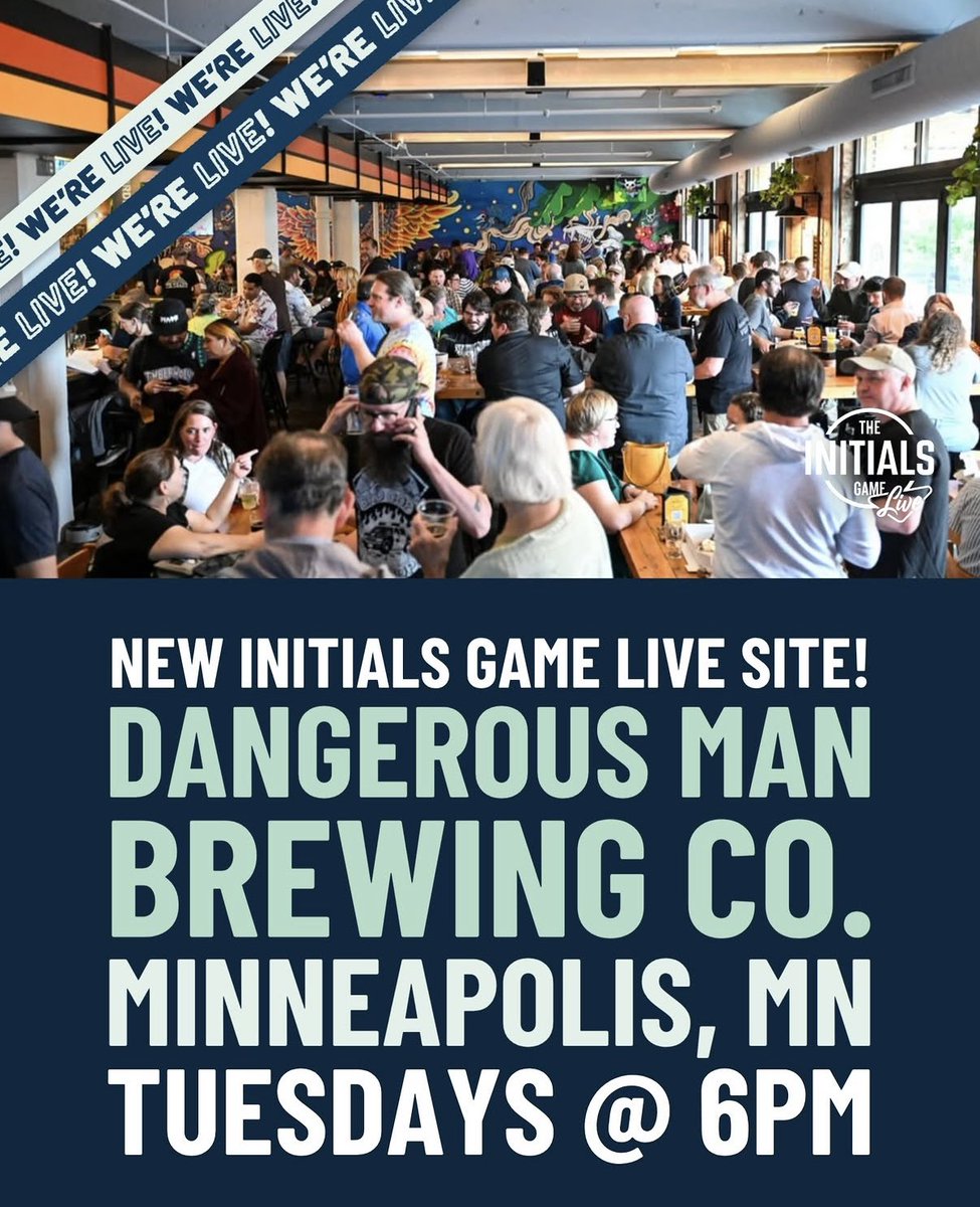InitialsGame's tweet photo. TUESDAY: Initials Game Live debuts at Dangerous Man in Minneapolis. Free to play. Bring a group of friends and charged phones. Prizes up for grabs. If you love @InitialsGame on the @PowerTripKFAN, you’ll love the live version.

ALL INFO HERE: https://t.co/JUW6LeU57A https://t.co/8XYIOE30bG