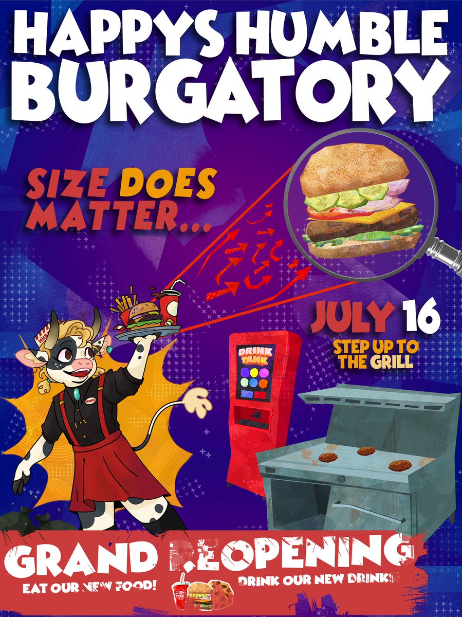 scythedevteam's tweet photo. GRAND REOPENING JULY 16TH!

New food...
...new drinks...
...same questionable workplace safety.

Step up to the grill in Happy’s Humble BURGATORY.
Wishlist today! https://t.co/RElwnqTVKi