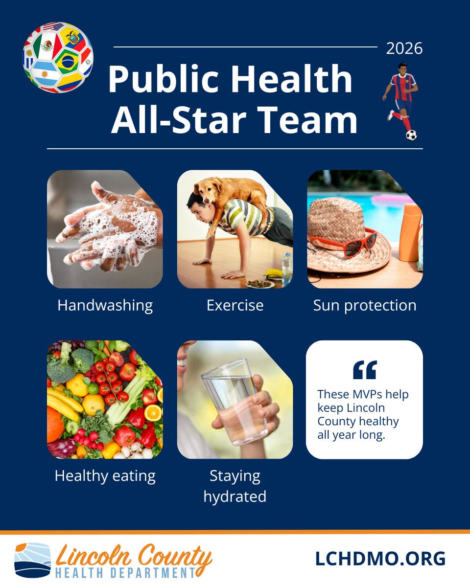 LincolnCountyHD's tweet photo. Meet the 2026 Public Health All-Star Team! 
Every championship team needs key players, and when it comes to protecting your health, these MVPs never take a day off:
-Handwashing
-Exercise
-Sun protection
-Healthy eating
-Staying hydrated
Who would you nominate as Team Captain? https://t.co/rCnQogVQCu