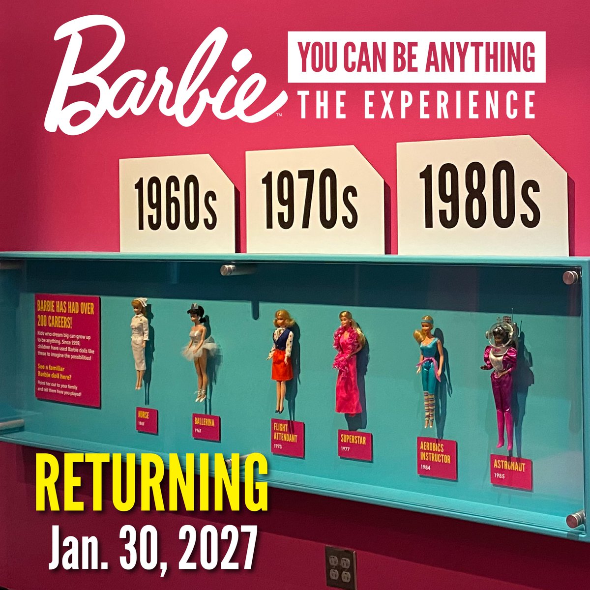 TCMIndy's tweet photo. Barbie You Can Be Anything: The Experience is returning! Opening Jan. 30, explore all the possibilities! Buy a membership and get a year full of fun plus this amazing exhibit, earn more: https://t.co/HN8bNSPIlr https://t.co/tGLtxgBkO5