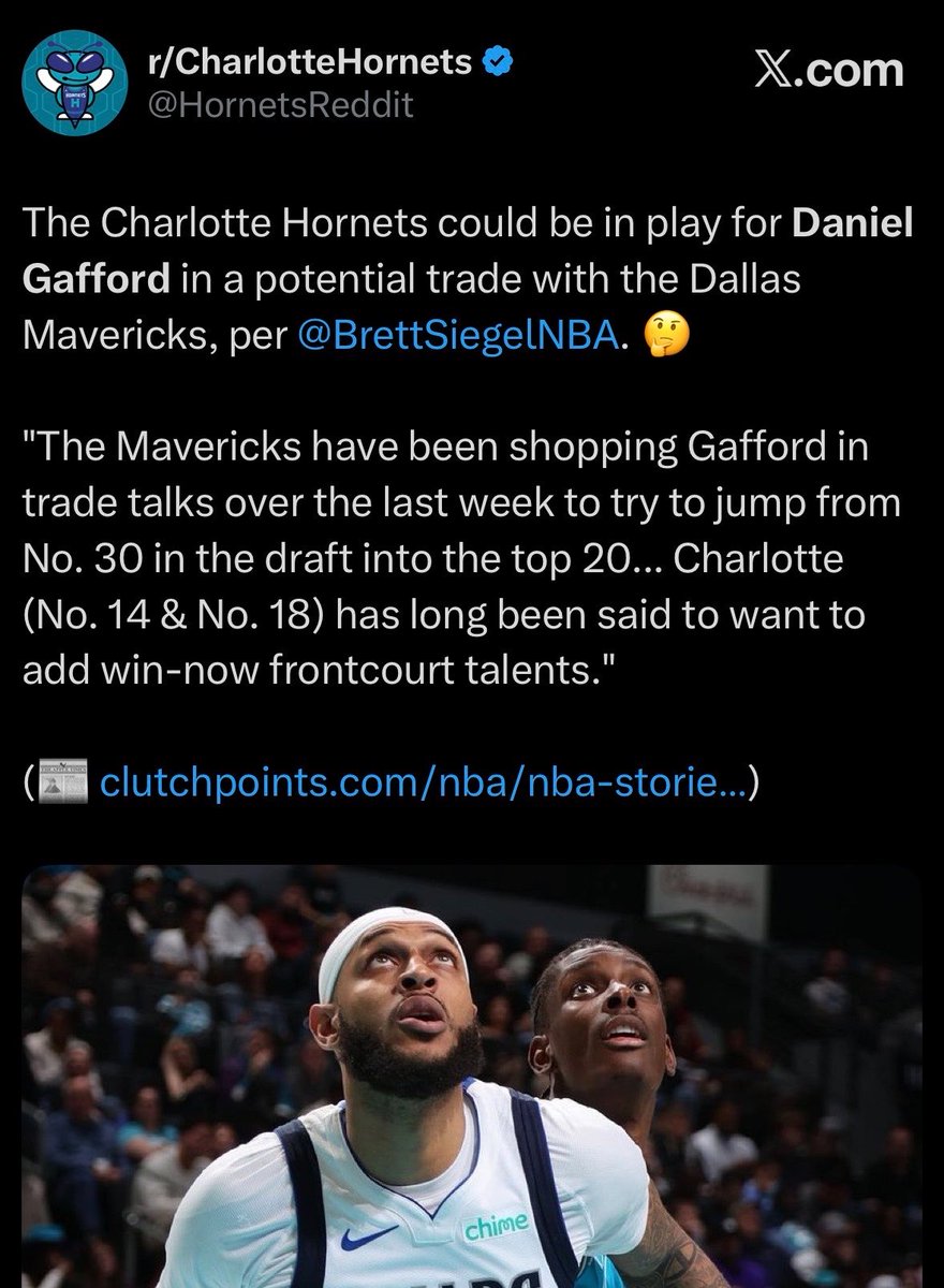buzzcitycentrl's tweet photo. The Hornets could be in play for Daniel Gafford in a potential trade with the Dallas Mavericks, per @BrettSiegelNBA . 👀 https://t.co/KlLXSzCttI