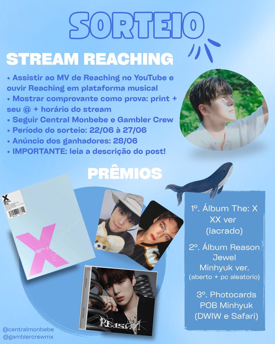 centralmonbebe's tweet photo. 🩵SORTEIO #MONSTAX #MINHYUK 

FAÇA STREAM EM REACHING E CONCORRA A PRÊMIOS! 

REGRAS: 
• Stream Reaching: ver o MV no YouTube e ouvir a música em plataforma musical 
• Enviar comprovante do stream: print + seu @ (marca d’água) + horário  
• Seguir a @centralmonbebe e @gamblercrewmx
• Dar RT NESSE post 

Período sorteio: 22/06 à 27/06
Anúncio dos ganhadores: 28/06 

PRÊMIOS:
🩵 1º lugar: Álbum The X versão XX (lacrado) 
💙 2º lugar: Álbum Reason (Jewel) versão Minhyuk (aberto + pc aleatório) 
🤍 3º lugar: 2 Photocards POB Minhyuk (DWIW e Safari) 

Parceria e doação de itens: @gamblercrewmx 

⚠️ Quanto mais stream e comprovantes maiores chances de ganhar!