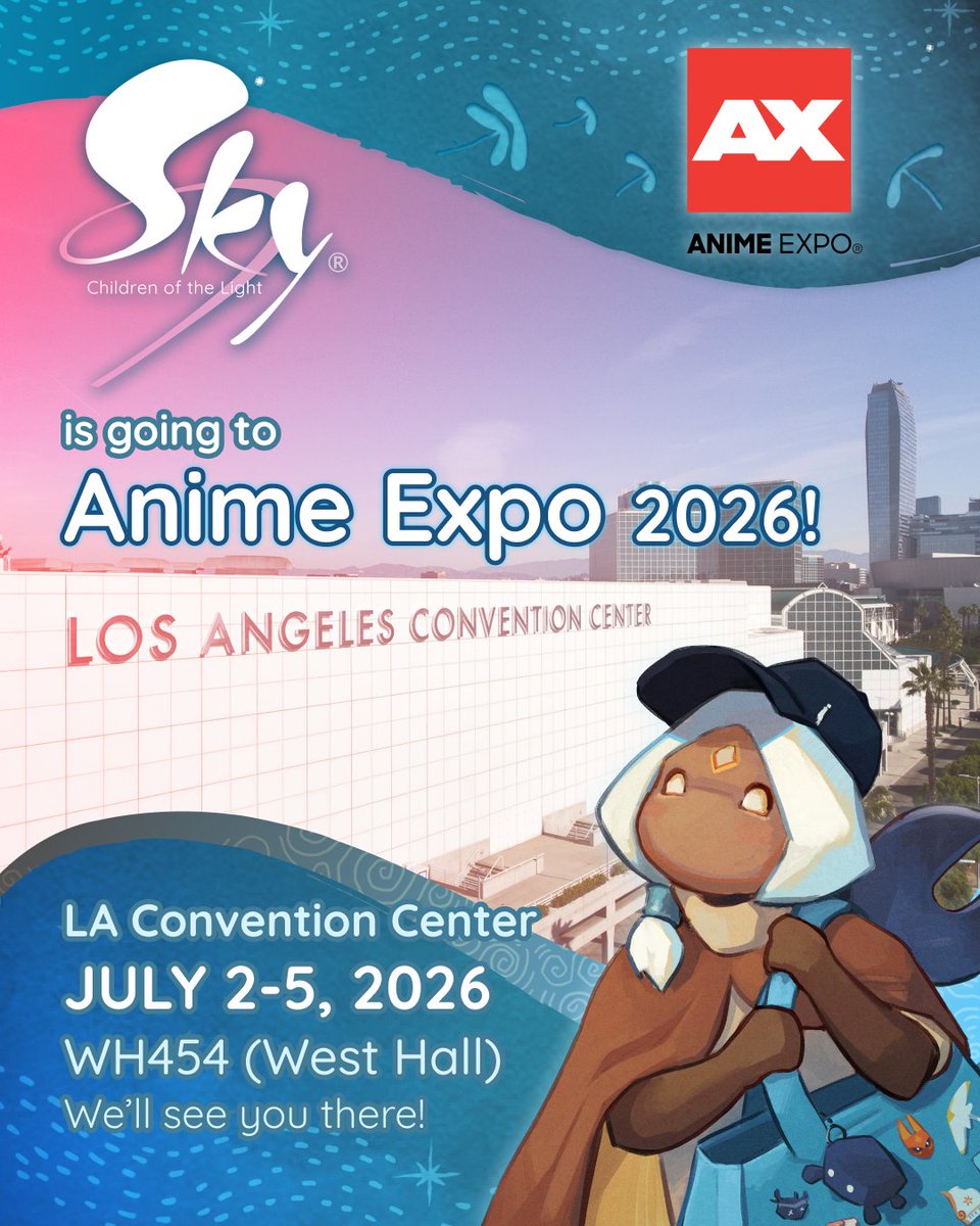 thatskygame's tweet photo. Anime Expo, here we come! ✨

For the first time, Sky is going to Anime Expo in Los Angeles. Join us July 2 to meet fellow Sky Kids, experience Dear Van Gogh, and grab exclusive goodies!

📍 West Hall, Booth WH454

Will we see you there?

📸 Credit: Los Angeles Convention Center https://t.co/vk4QdQoQgD