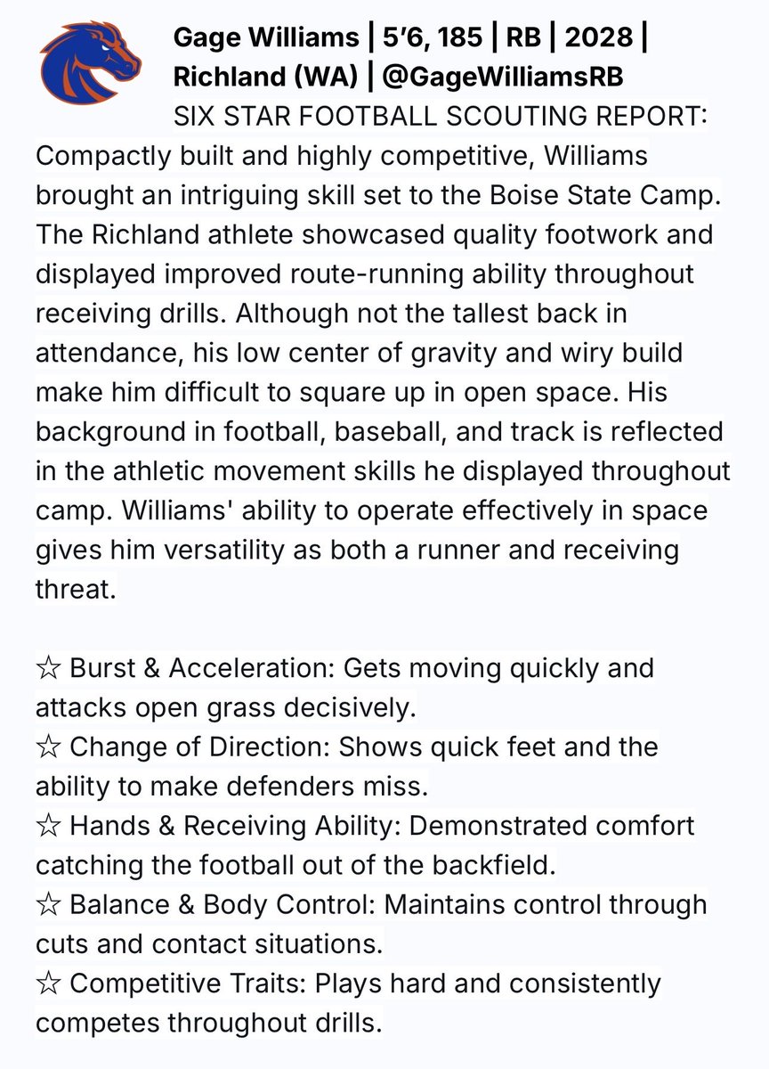 GageWilliamsRB's tweet photo. Thanks @sixstarfootball appreciate the write up ✍️ https://t.co/mmCFrOEjFX