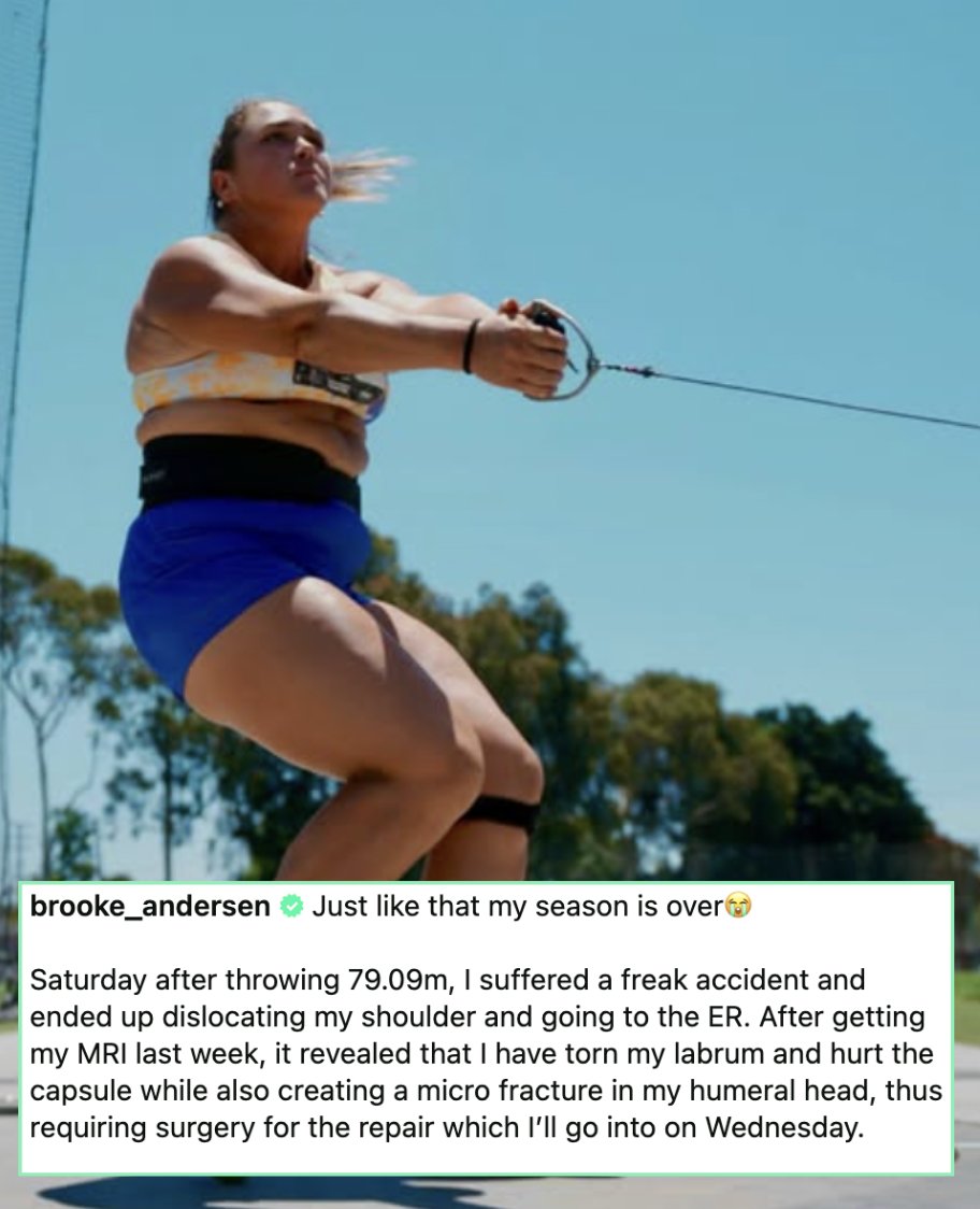 beau_throws's tweet photo. Hammer thrower Brooke Andersen's season is over ❤️‍🩹

Just a few days after throwing a 79.09m SB, she took to IG to announce her season is over due to a bum shoulder that requires surgery. 

Wishing her a speedy recovery 🫡 https://t.co/xEMa0G27gQ