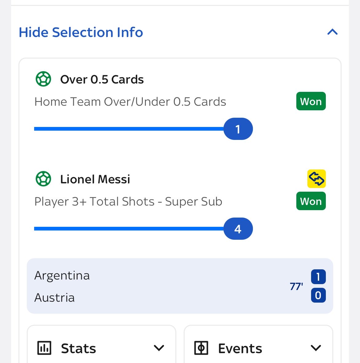 PBsportstips's tweet photo. Another w +0.7 ✅ 

Messi 3+ shots ✅ 

Argentina over 0.5 cards ✅ 

#argentinavsaustria https://t.co/2mklLcuLqM