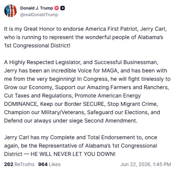 jeff_poor's tweet photo. .@CarlForAlabama, @RhettforAlabama get Donald Trump endorsements in AL-1, AL-2  August 11 special election primaries #alpolitics https://t.co/QHQxQ1zJBj