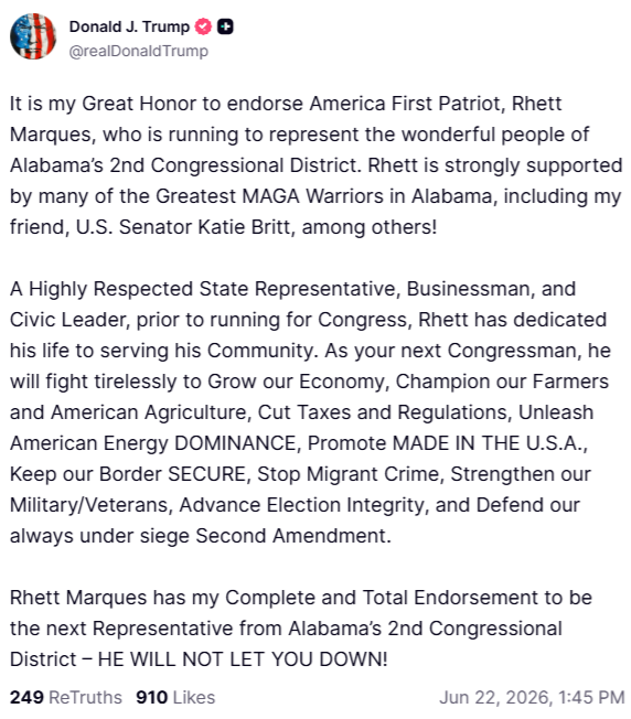 jeff_poor's tweet photo. .@CarlForAlabama, @RhettforAlabama get Donald Trump endorsements in AL-1, AL-2  August 11 special election primaries #alpolitics https://t.co/QHQxQ1zJBj