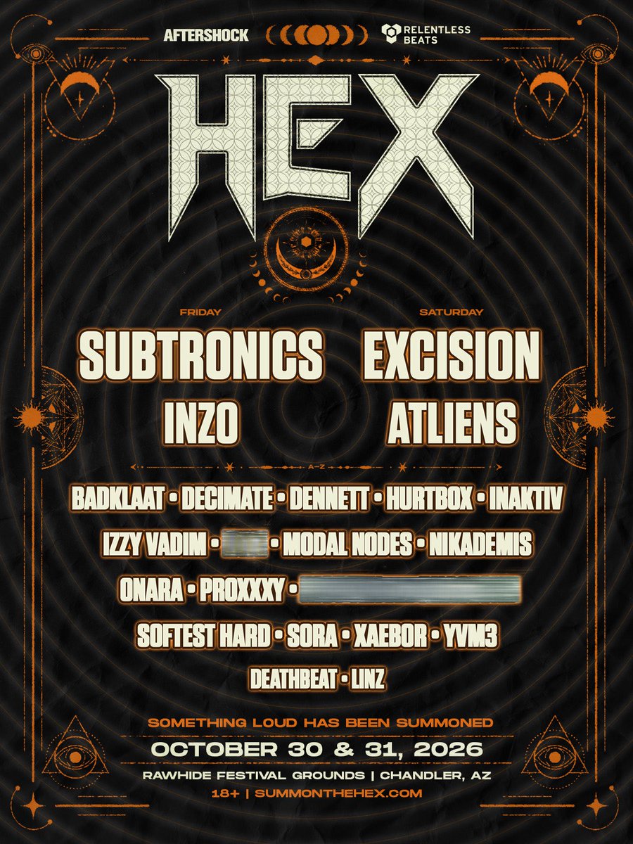 HEXFestAZ's tweet photo. The first-ever HEX lineup has arrived, featuring Excision, Subtronics, and a stacked bass lineup ready to haunt Rawhide Festival Grounds on October 30 + 31 👻

Sign up for presale → https://t.co/l55AOnSlpf 🔗
Tickets on sale Thursday, June 25 @ 10AM PT 🎟️ https://t.co/Bx4VLu5jXJ