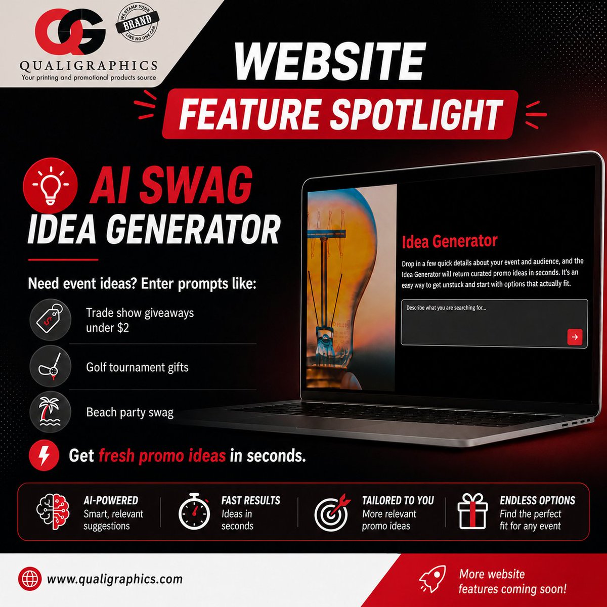 Qualigraphics's tweet photo. Website Feature Spotlight: AI Swag Idea Generator
Need ideas? Enter a few prompts and get fresh promo inspiration in seconds.
https://t.co/qUeGnGCRPw https://t.co/EUvSsbzyb2