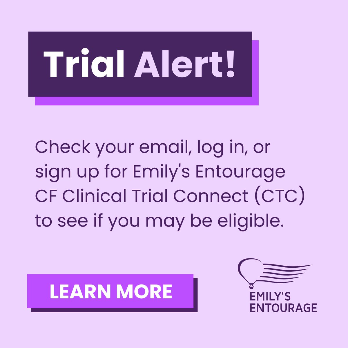 EmilysEntourage's tweet photo. 🚨🧬 A #CF #clinicaltrial opportunity has been added to Emily’s Entourage CF Clinical Trial Connect (CTC)! 

If you’re already registered, check your inbox 📩 Not part of the CTC yet? This is your sign to join.

🔗 Learn more + sign up: https://t.co/KffJ1Nkqvs

#CureCF https://t.co/byEiVkXwJX