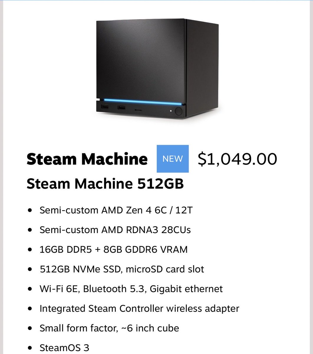 Awk20000's tweet photo. The Steam Machine prices have been unveiled, set to launch on June 30

512GB - $1049
512GB w controller - $1128
2TB - $1349
2TB w controller- $1428 https://t.co/RF7HukI560