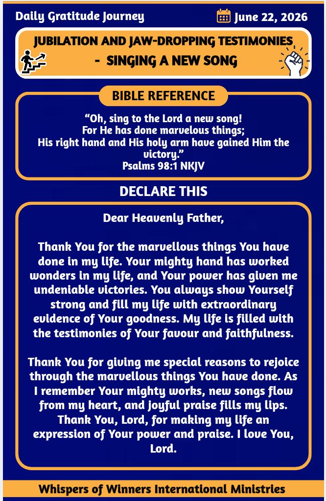 WinnersWhispers's tweet photo. Declare this:

Dear Heavenly Father,

Thank You for the marvellous things You have done in my life. Your mighty hand has worked wonders in my life, and Your power has given me undeniable victories. You always show Yourself strong and fill my life with extraordinary evidence of Your goodness. My life is filled with the testimonies of Your favour and faithfulness.

Thank You for giving me special reasons to rejoice through the marvellous things You have done. As I remember Your mighty works, new songs flow from my heart, and joyful praise fills my lips. Thank You, Lord, for making my life an expression of Your power and praise. I love You, Lord.

#2026GratitudeJourney