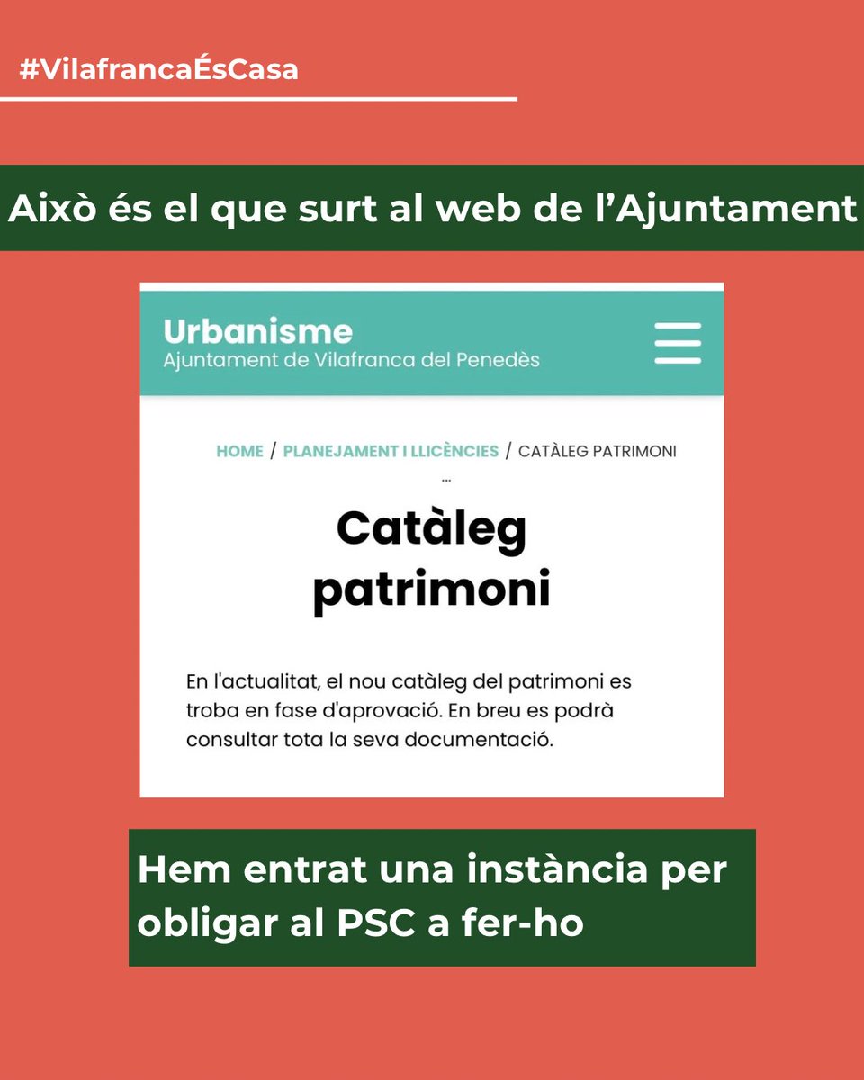 ERCVilafranca's tweet photo. Volem el catàleg de patrimoni!

És una eina útil per protegir el patrimoni arquitectònic, urbanístic i històric de la vila

❌El PSC i Junts porten més de 10 anys amagant-lo en un calaix. El catàleg està fet.

Hem entrat una instància per obligar al PSC a publicar-lo

#Vilafranca https://t.co/y5xRMQ22px