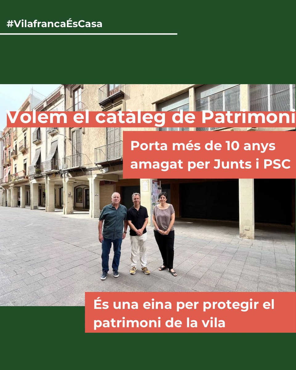ERCVilafranca's tweet photo. Volem el catàleg de patrimoni!

És una eina útil per protegir el patrimoni arquitectònic, urbanístic i històric de la vila

❌El PSC i Junts porten més de 10 anys amagant-lo en un calaix. El catàleg està fet.

Hem entrat una instància per obligar al PSC a publicar-lo

#Vilafranca https://t.co/y5xRMQ22px