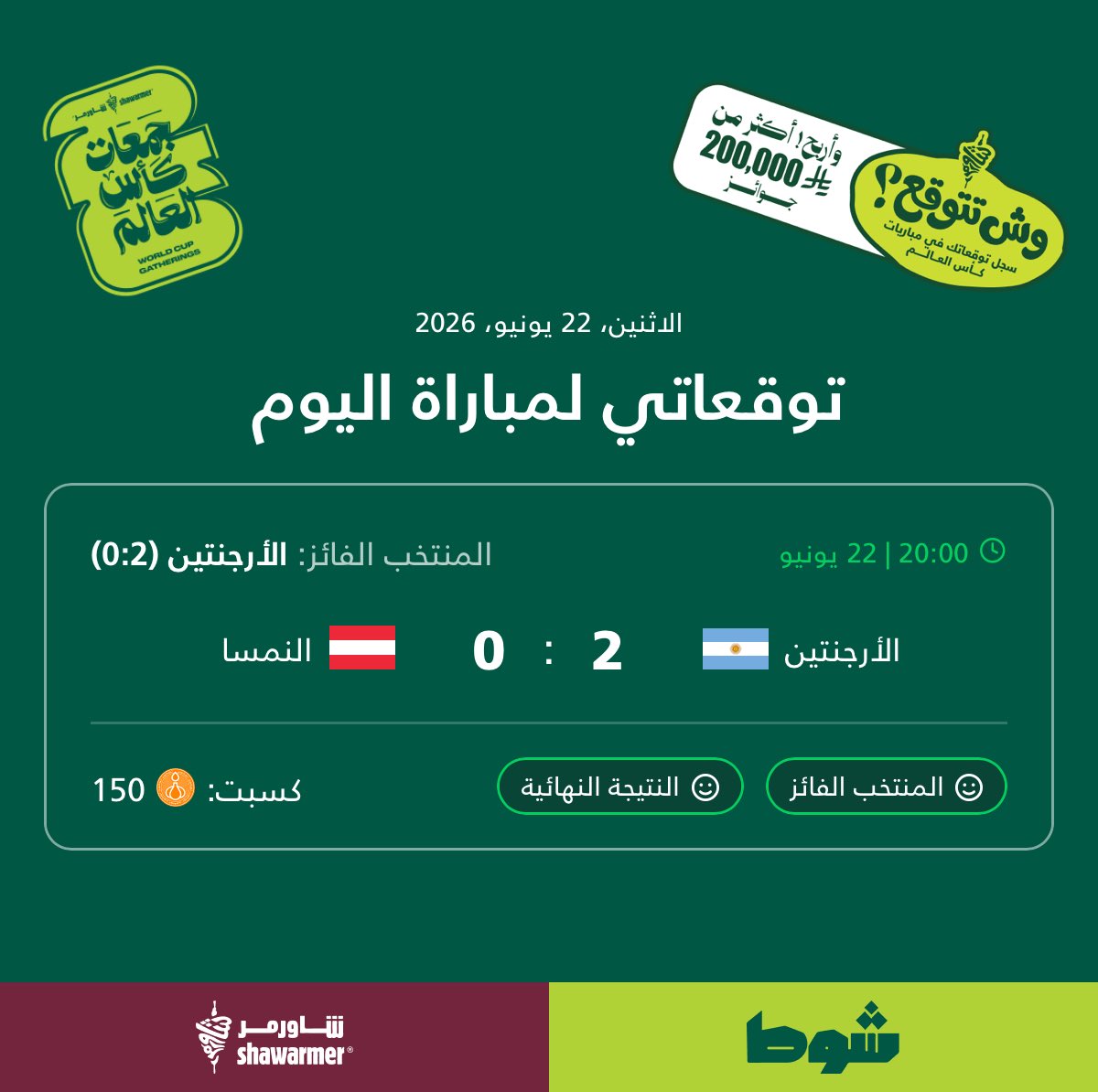 h6m_77's tweet photo. هذي توقعاتي لمباراة الأرجنتين 2 - 0 النمسا في تحدي التوقعات على تطبيق شاورمر @shoatt_ https://t.co/ln5rav8PYD