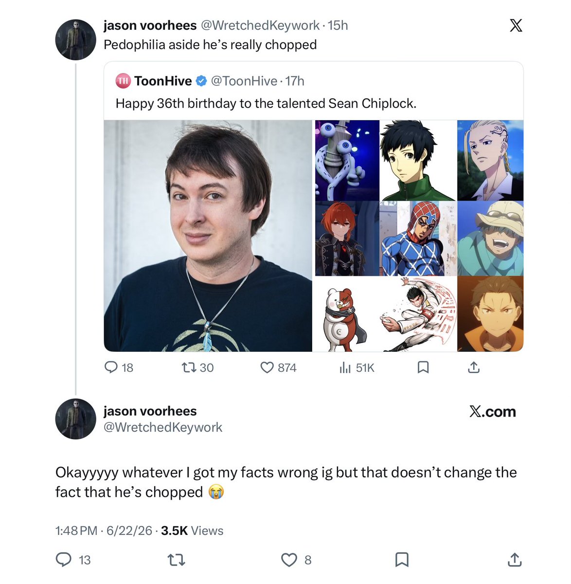 validships's tweet photo. it’s 2026 and people are still baselessly accusing Sean Chiplock of pedophilia. 

You even admit you got the facts wrong, but still insist on keeping your post that has life ruining accusations up. Delete the post. https://t.co/2rUWGRAn3u