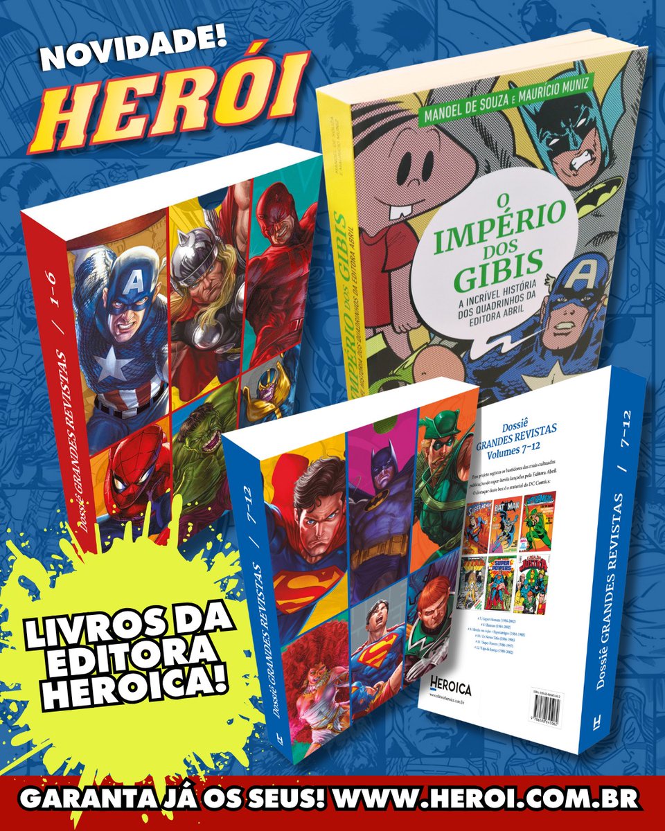 forastieri's tweet photo. Nossa campanha do ALMANAQUE HERÓI tem novidade: os produtos incríveis da Editora Heroica. "O Império dos Gibis" conta a história das HQs da Editora Abril, e temos ainda o DOSSIÊ MARVEL e o DOSSIÊ DC. Nostalgia total, preço especial! https://t.co/VK09pyVHYc