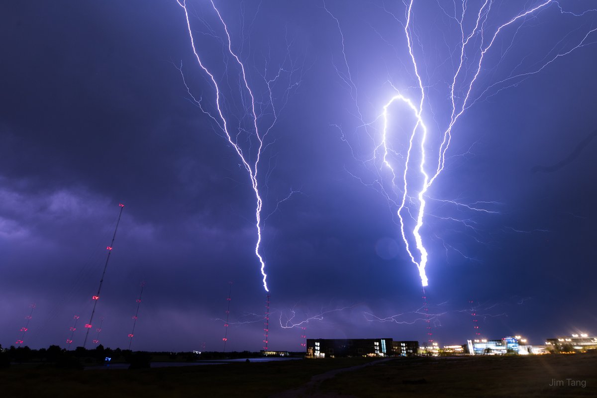 wxmann's tweet photo. Photos of upward lightning in OKC last night. Some of the toughest conditions I've ever photographed in with 50+ mph gusts buffeting the vehicle, but I managed a few shots. #okwx https://t.co/v8Vy1pqGWz