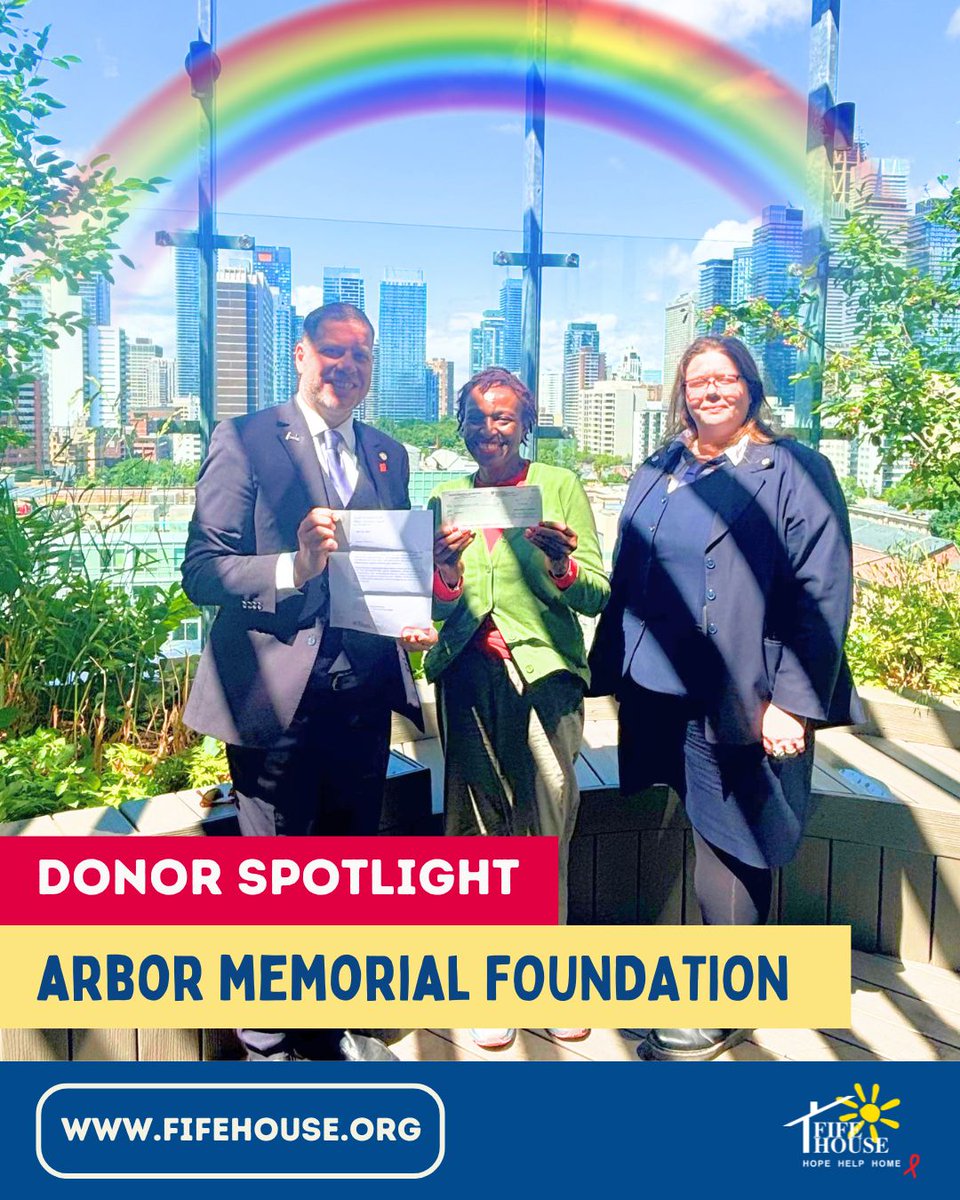 FifeHouse's tweet photo. Thank you to @ArborMemorial Fdn and Scott Funeral Home West Toronto for their annual donation to Fife House🙌❤️Your steadfast support helps people with HIV/AIDS access housing and care &amp;  is a powerful reminder that #Pride is also about uplifting our most vulnerable communities🌈 https://t.co/alDRXVVAOh
