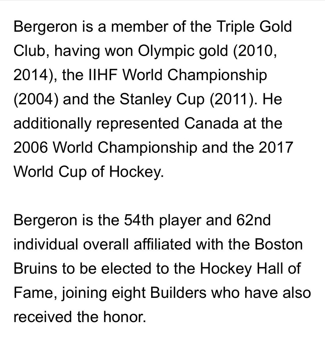 RochieWBZ's tweet photo. Here is the Bruins press release announcing Patrice Bergeron as one of the newest members of the @HockeyHallFame 

What stands out? Winner! https://t.co/3gfkPiRbrM