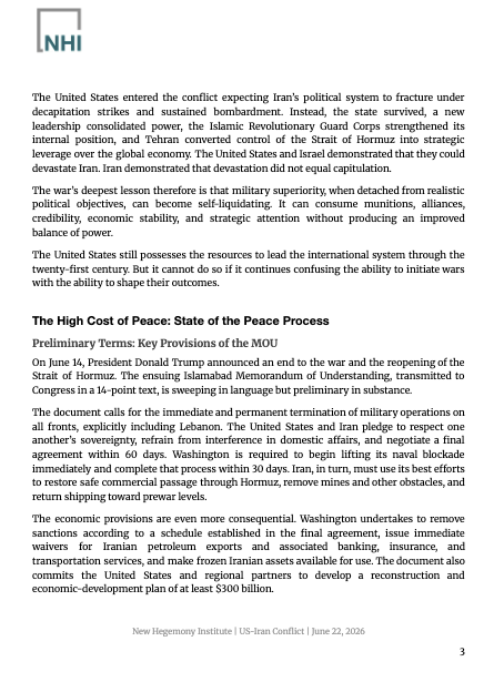 NewHegemony's tweet photo. BRIEFING — US–Iran Conflict: Peace Without Honor

The 2026 Iran war began with maximalist promises. It ended with none of them achieved. Indeed, the conflict has proven to be a virtually unmitigated disaster for the United States.

Full briefing: https://t.co/P5gDJiHlOP https://t.co/mQD53XSsha