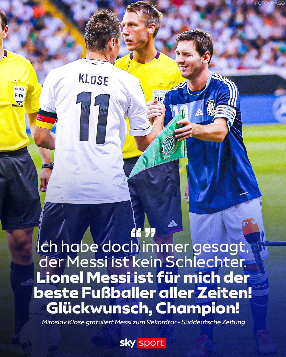 SkySportDE's tweet photo. Miroslav Klose hat Lionel Messi zum neuen Torrekord bei der Fußball-WM gratuliert! 🤝🥳

ℹ️ Klose hatte bislang mit 16 Toren den Rekord gehalten. https://t.co/jnNuHfOh71