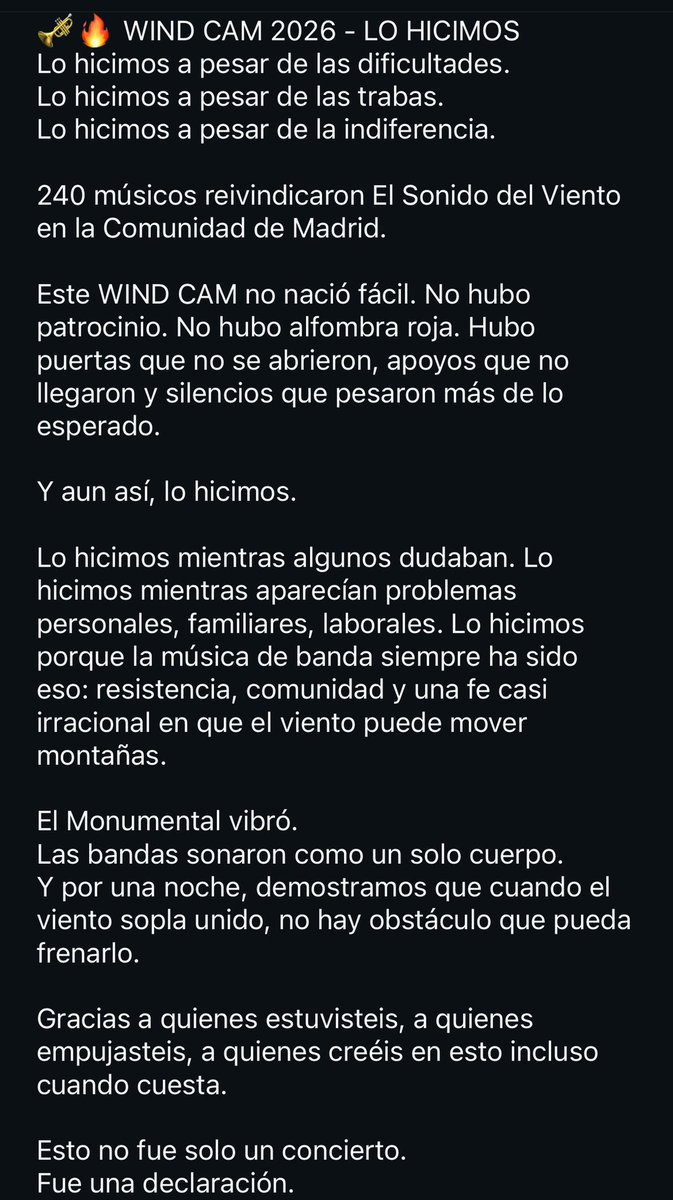 bmgetafe's tweet photo. Lo hicimos ❤️💙💪

🎺 *WIND CAM 2026 · EL SONIDO DEL VIENTO* 🎶
🔥 Encuentro histórico
🎼 Banda Sinfónica La Lira de Pozuelo
🎼 Banda de Música de Getafe

#WINDCAM2026 #BMG #LALIRA https://t.co/jL4AxVAwtL