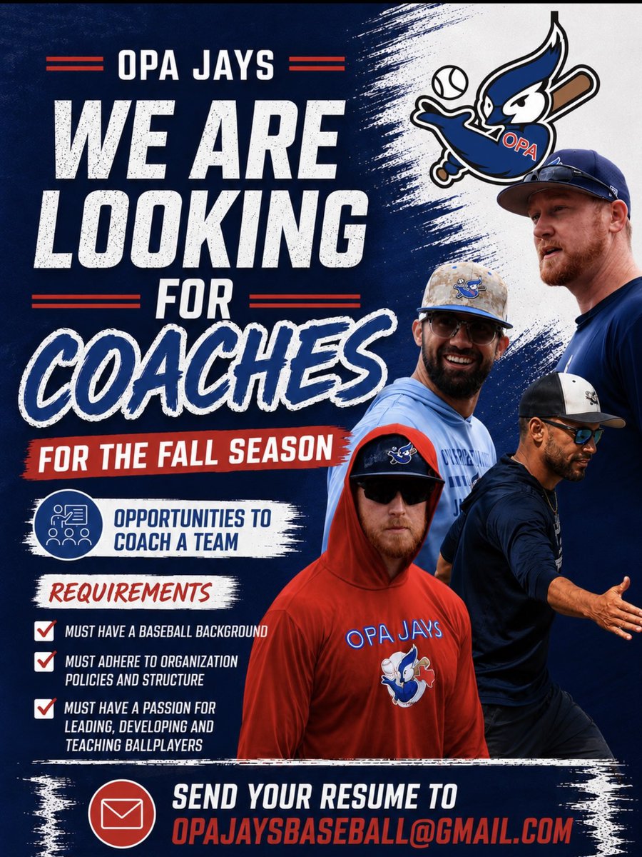 OPAJaysBaseball's tweet photo. We’re looking to add passionate Coaches to our Coaching Staff

Team Coaching &amp; Training opportunities available

Send in Coaching resumes to opajaysbaseball@gmail.com https://t.co/JsTjmby4cG